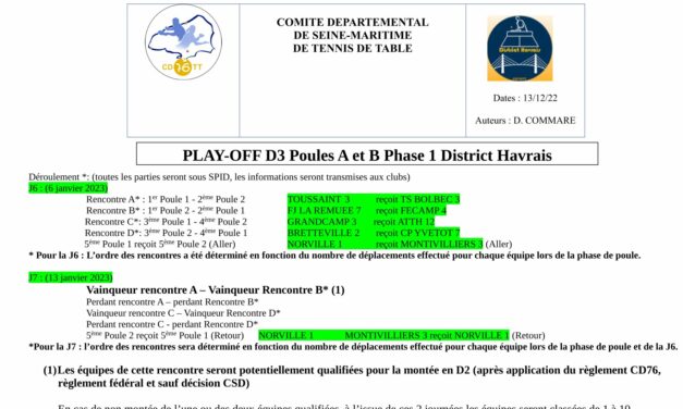 PLAY OFF CHAMPIONNAT DE FRANCE PAR ÉQUIPES DISTRICT HAVRAIS D3 – POULES A ET B (Phase 1)