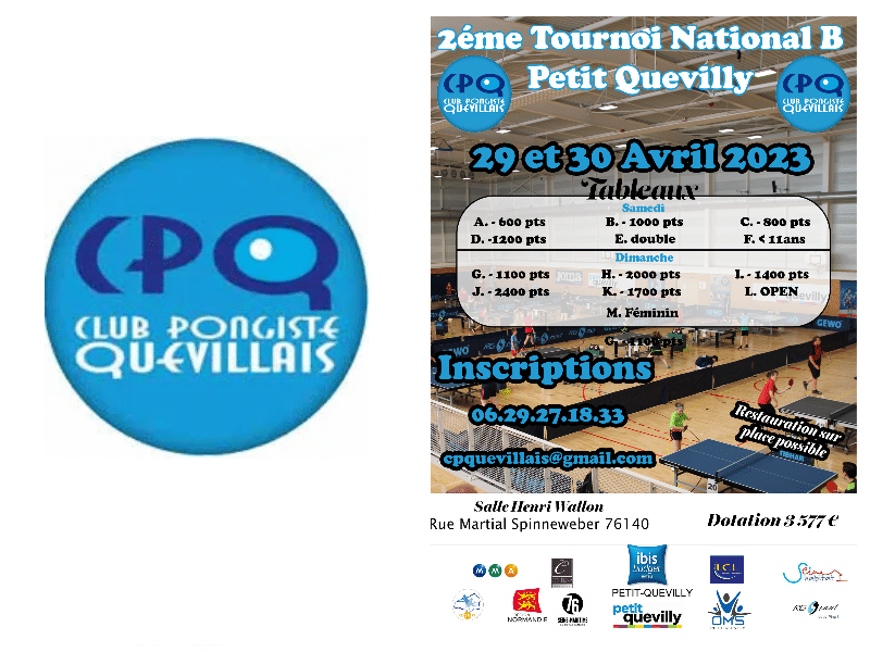 Tournoi National B – CPQ (Club Pongiste Quevillais) / 29 et 30 avril 2023