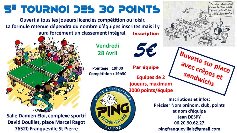 Tournoi des 30 Points – Ping Franquevillais le 28 Avril 2023